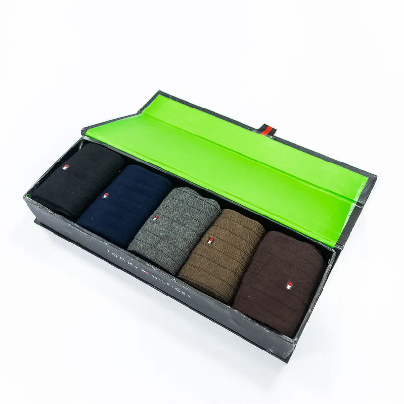 "Men’s 5-Pair T H Crew Socks line  design – Comfortable, Durable, and Stylish gift box"