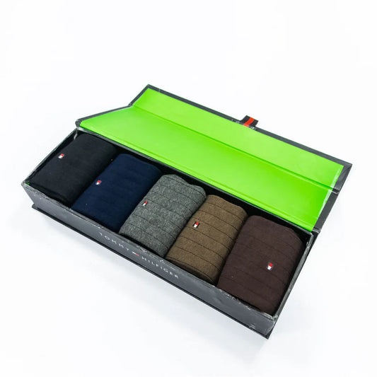 "Men’s 5-Pair T H Crew Socks line  design – Comfortable, Durable, and Stylish gift box"
